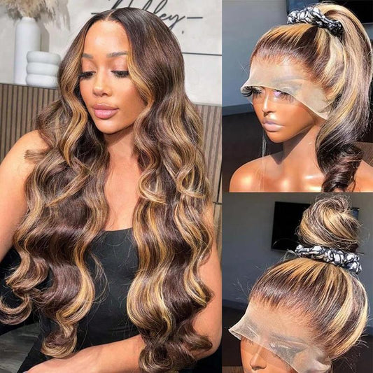 Anyweek 28 Inch Honey Blonde Wig Human Hair Highlight Ombre Drawstring 360 Body Wave Lace Front Wigs Human Hair Pre Plucked Glueless Wigs for Black Women Full Frontal Lace Wig 4/27 Colored