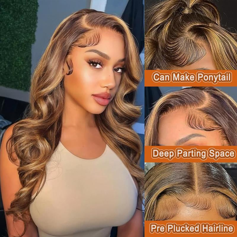 Anyweek 28 Inch Honey Blonde Wig Human Hair Highlight Ombre Drawstring 360 Body Wave Lace Front Wigs Human Hair Pre Plucked Glueless Wigs for Black Women Full Frontal Lace Wig 4/27 Colored