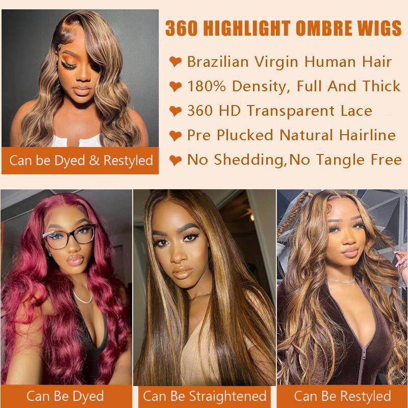 Anyweek 28 Inch Honey Blonde Wig Human Hair Highlight Ombre Drawstring 360 Body Wave Lace Front Wigs Human Hair Pre Plucked Glueless Wigs for Black Women Full Frontal Lace Wig 4/27 Colored