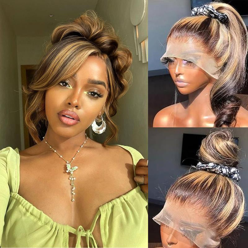Anyweek 28 Inch Honey Blonde Wig Human Hair Highlight Ombre Drawstring 360 Body Wave Lace Front Wigs Human Hair Pre Plucked Glueless Wigs for Black Women Full Frontal Lace Wig 4/27 Colored