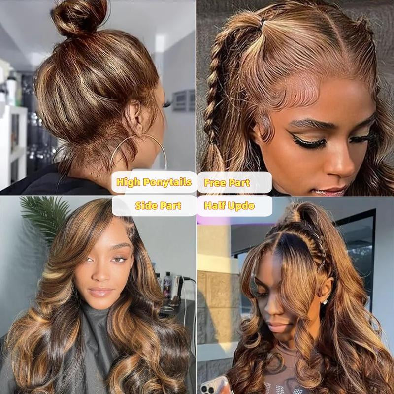 Anyweek 28 Inch Honey Blonde Wig Human Hair Highlight Ombre Drawstring 360 Body Wave Lace Front Wigs Human Hair Pre Plucked Glueless Wigs for Black Women Full Frontal Lace Wig 4/27 Colored