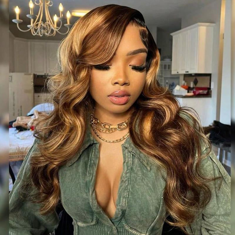 Anyweek 28 Inch Honey Blonde Wig Human Hair Highlight Ombre Drawstring 360 Body Wave Lace Front Wigs Human Hair Pre Plucked Glueless Wigs for Black Women Full Frontal Lace Wig 4/27 Colored
