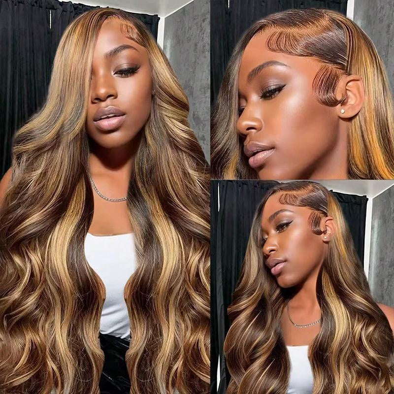 Anyweek 28 Inch Honey Blonde Wig Human Hair Highlight Ombre Drawstring 360 Body Wave Lace Front Wigs Human Hair Pre Plucked Glueless Wigs for Black Women Full Frontal Lace Wig 4/27 Colored