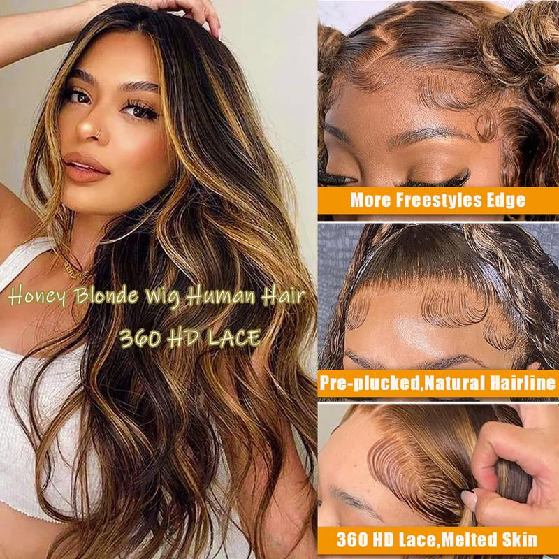 Anyweek 28 Inch Honey Blonde Wig Human Hair Highlight Ombre Drawstring 360 Body Wave Lace Front Wigs Human Hair Pre Plucked Glueless Wigs for Black Women Full Frontal Lace Wig 4/27 Colored
