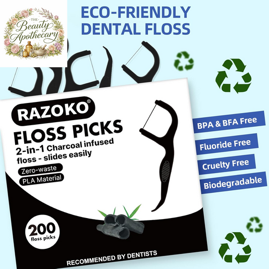 Natural Dental Floss Picks High Toughness Charcoal Toothpicks Sticks-Vegan,Eco-Friendly Sustainable Flossers for Teeth Cleaning (200 Count)