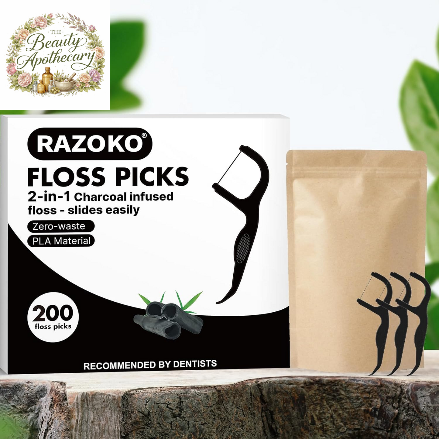 Natural Dental Floss Picks High Toughness Charcoal Toothpicks Sticks-Vegan,Eco-Friendly Sustainable Flossers for Teeth Cleaning (200 Count)