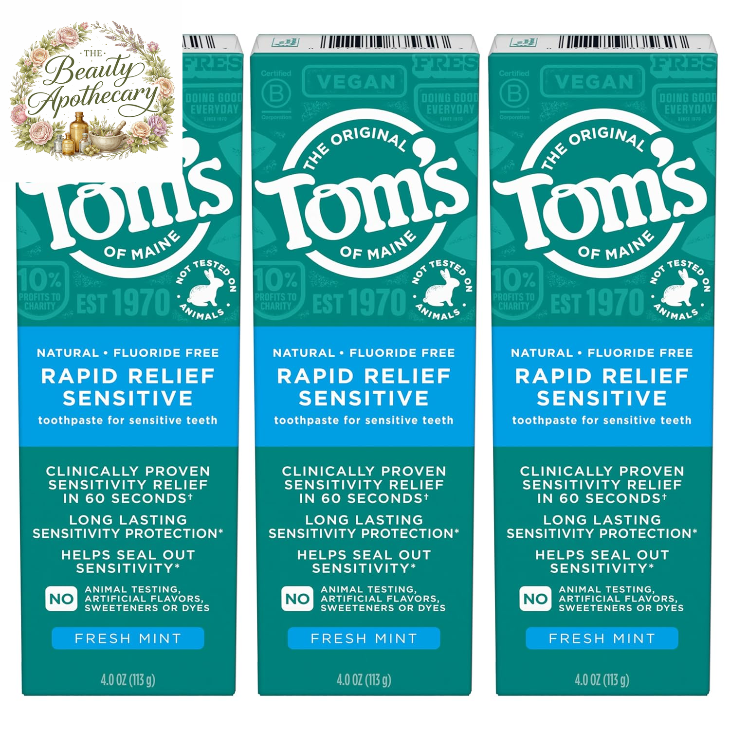 Fluoride-Free Rapid Relief Sensitive Toothpaste, Fresh Mint, 4 Oz. 3-Pack (Packaging May Vary)